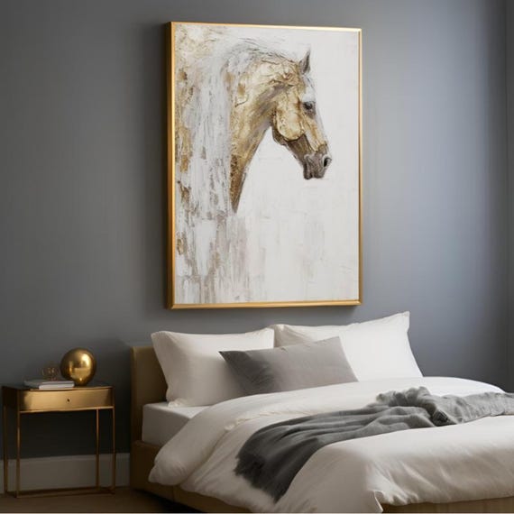 Textured Handmade Oil Paint Art Modern Golden Horse with 70x100cm Wall Art, Home decor, Luxury decor, living room
