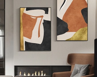 Set of 2 Canvas, Minimalistic Orange Abstract Geometric Canvas Wall Art Poster Print,Nordic Scandinavian Ready To Hang Aluminium Framed