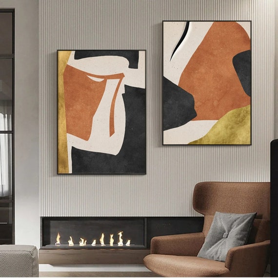 Set of 2 Canvas, Minimalistic Orange Abstract Geometric Canvas Wall Art Poster Print,Nordic Scandinavian Ready To Hang Aluminium Framed