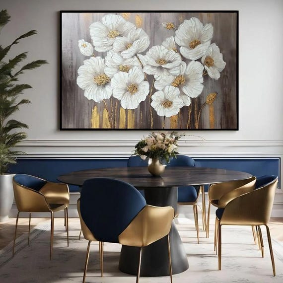 Textured Handmade Oil Paint Art Abstract White and Beige Flowers with Gold Details 70x100cm Wall Art, Home decor, Luxury decor, living room