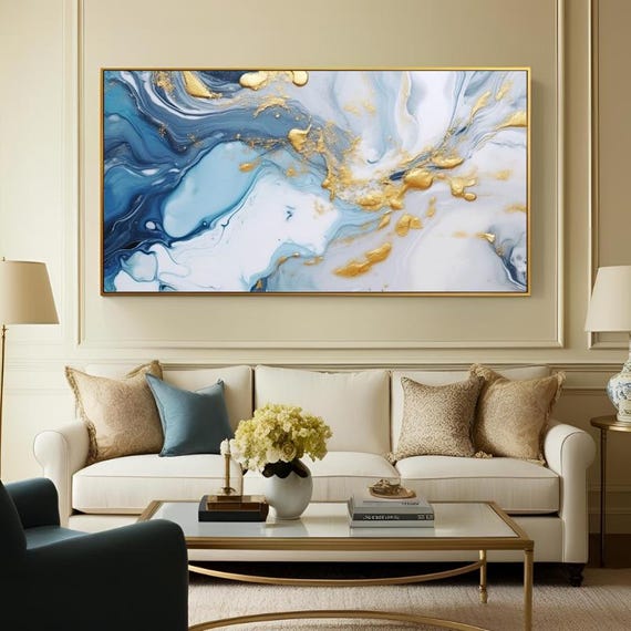 Blue Ink Canvas Print Gold and White modern wall art Large Canvas Art Ready to Hang Canvas