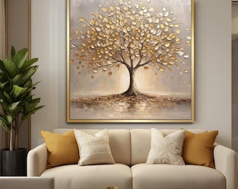 Textured Handmade Oil Paint Art Tree of Life with Golden Leaves 90x90cm Wall Art Boho Painting,Modern Home decor, Living Room, Canvas Art
