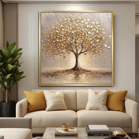 Textured Handmade Oil Paint Art Tree of Life with Golden Leaves 90x90cm Wall Art Boho Painting,Modern Home decor, Living Room, Canvas Art