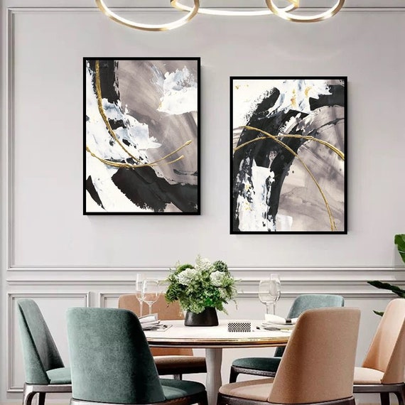 Set of 2 Canvas, Abstract Black Powder Brush Strokes Canvas Wall Art Poster Print,Nordic Scandinavian Ready To Hang