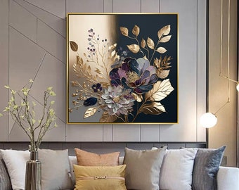 Gold Purple Metallic Flowers Wall Art Green Canvas Painting Gold Abstract Art Purple Canvas Wall Art Large Living Room Abstract Painting