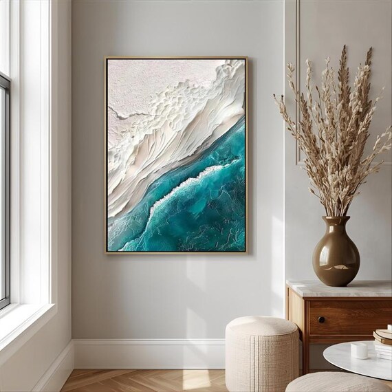 Textured Handmade Oil Paint Art Abstract Ocean, Blue and  White 70x100cm Wall Art, Home decor, Luxury decor, living room