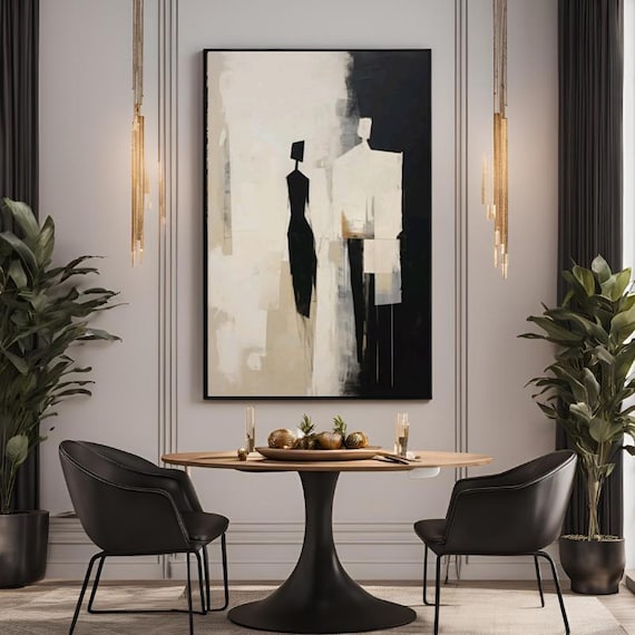 Abstract Silhouettes Wall Art Abstract, Black and Beige, Framed Canvas Wall Art Print, Nordic Scandinavian Ready To Hang, B&W Decor