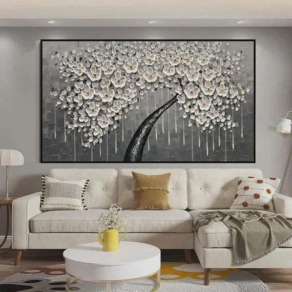 Textured Handmade Oil Paint Art Life Tree with White Flowers 70x120cm Wall Art Painting, Modern Home decor, Luxury decor, Living Room