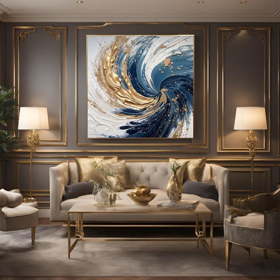 Gold Detailed Blue Twist Canvas Print Blue and Gold modern wall art Large Canvas Art Ready to Hang Canvas