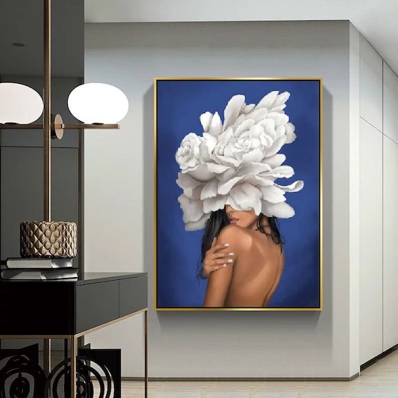 White Flower Woman Modern Wall Art Blue Canvas Painting Floral Hair Canvas Wall Art Large Living Room Modern Painting