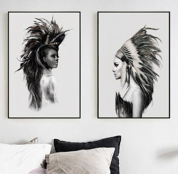 Set of 2 Framed American Indian Women's Minimalist Print Modern Black White Art Living Room Wall Art Nordic Scandinavian Ready To Hang