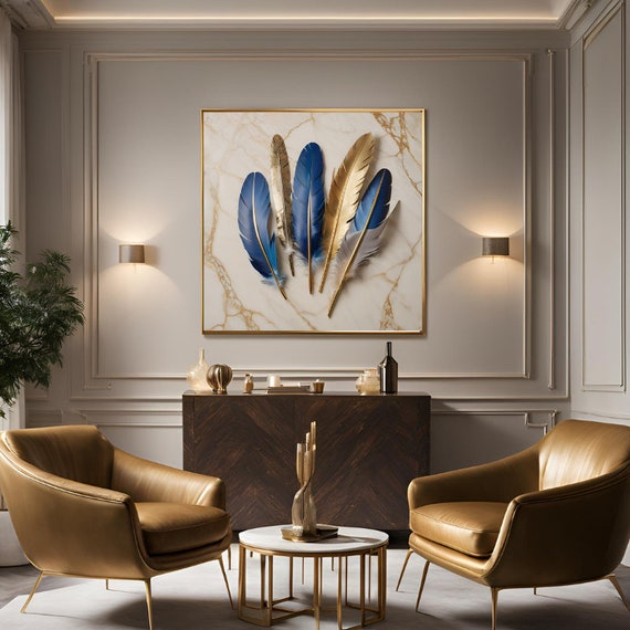 Blue and Gold Modern Feathers Wall Art Gold Marble Canvas Painting Modern Canvas Wall Art Large Living Room Painting