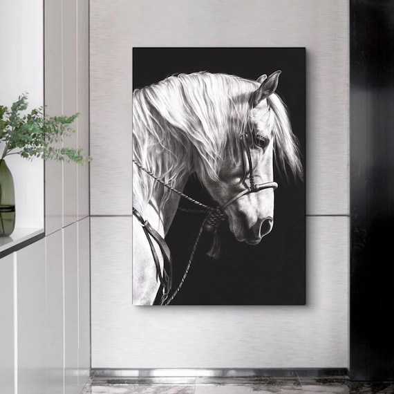 Black And White Horse Portrait Canvas Painting, Horse Wall Hanging, White Horse Canvas Painting, Ready To Hang, Housewarming Gift