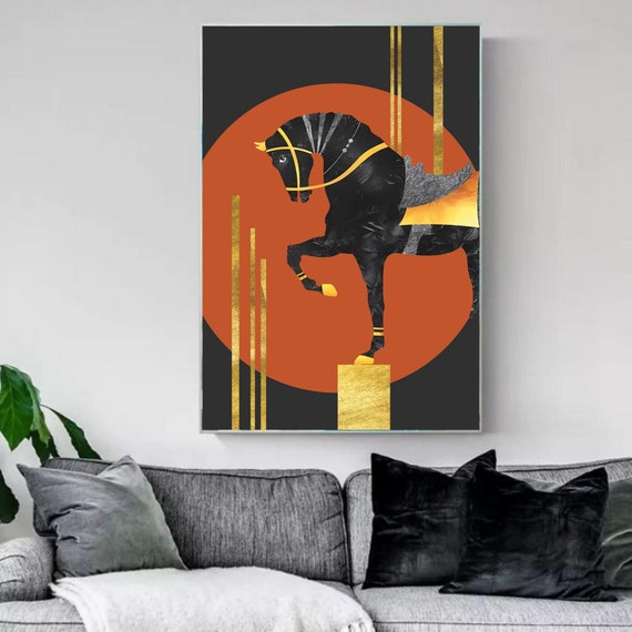 Black Horse Portrait Canvas Wall Art, Yellow Detailed Horse Wall Hangings, White Horse Canvas Wall Print, Ready to Hang, Wedding Gift