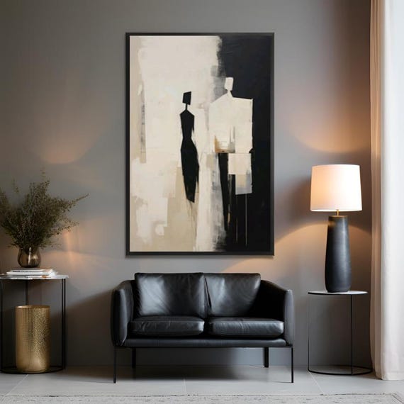 Modern Geometric Silhouette Canvas Print Black and Beig Modern Wall Art Large Canvas Art Ready to Hang Canvas