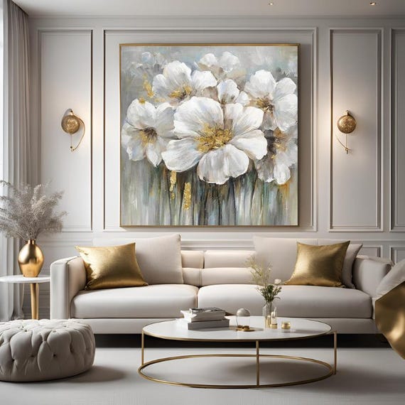 Beige Floral Wall Art , Gold Detail Framed Canvas Wall Art Print, Nordic Scandinavian Ready To Hang