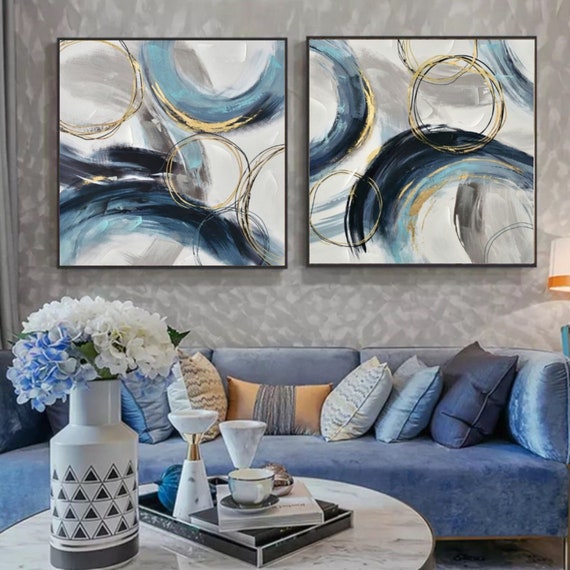 Framed Canvas Print Wall Art Set of 2 Blue Gold details, Abstract Illustration Modern Art Neutral Minimalist Decor, Home Decor Gift