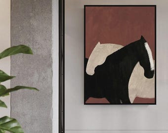 Textured Handmade Oil Paint Art Abstract Horses, Black and Beige, Bohemian Wall Art 70x100cm Wall Art, Home decor, Luxury decor, living room