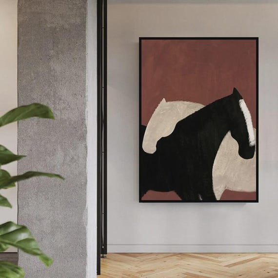 Textured Handmade Oil Paint Art Abstract Horses, Black and Beige, Bohemian Wall Art 70x100cm Wall Art, Home decor, Luxury decor, living room