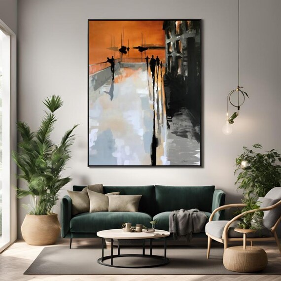 Abstract Silhouettes, Orange and Black Wall Art Abstract, Framed Canvas Wall Art Print, Nordic Scandinavian Ready To Hang,B&W Decor