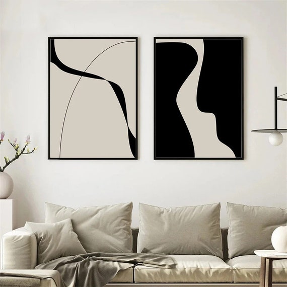 Set of 2 Framed Abstract Beige Art Wall Decor Minimalist Print Modern Abstract Art Living Room Wall Art Nordic Scandinavian Ready To Hang