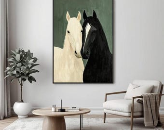 Modern Abstract Horses Canvas Wall Art, Animal Wall Art, Gift Black and Cream Horses decor, canvas Print Ready to Hang