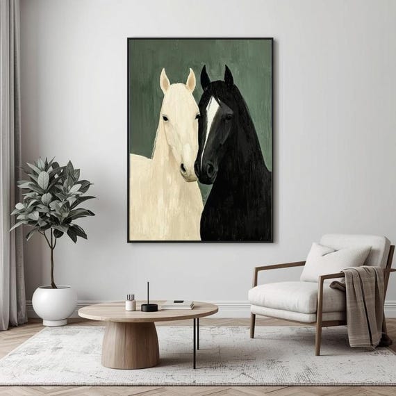 Modern Abstract Horses Canvas Wall Art, Animal Wall Art, Gift Black and Cream Horses decor, canvas Print Ready to Hang