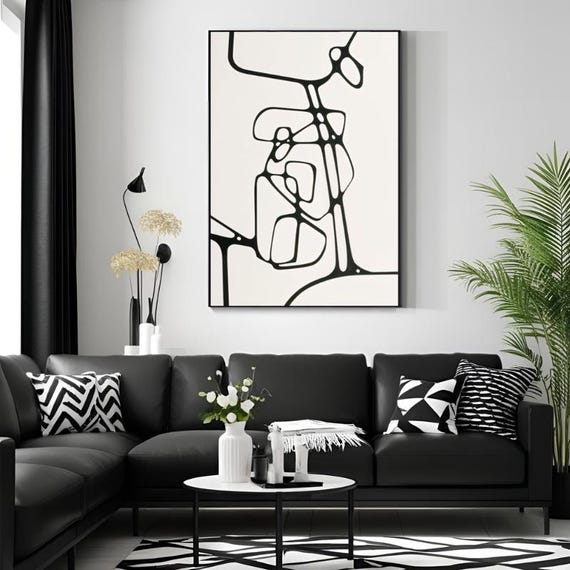 Modern Abstract Black Lines Wall Art Abstract, Black and White, Framed Canvas Wall Art Print, Nordic Scandinavian Ready To Hang, B&W Decor