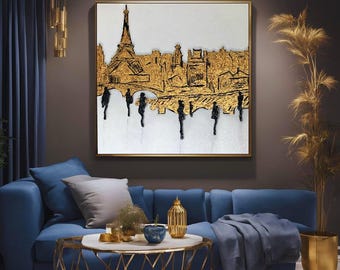 Textured Handmade Oil Paint Art Gold Abstract Eiffel Textures 90x90cm Wall Art City Painting,Modern Home decor, Living Room, Canvas Art