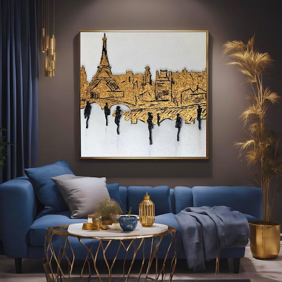 Textured Handmade Oil Paint Art Gold Abstract Eiffel Textures 90x90cm Wall Art City Painting,Modern Home decor, Living Room, Canvas Art
