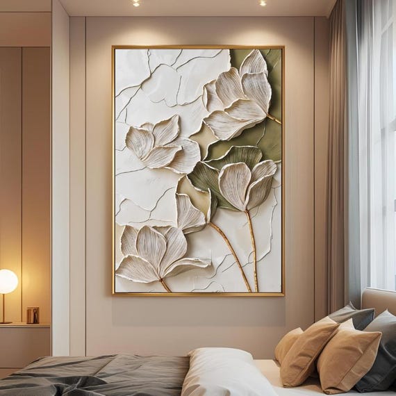 Textured Handmade Oil Paint Art Calm Flowers, Brown and Green Floral  70x100cm Wall Art, Home decor, Luxury decor, living room