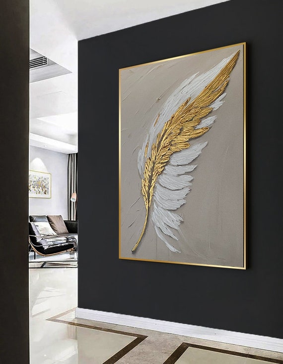 Original Handmade Oil Painting Feather and Gold Foil Wall Art, Home decor, Luxury decor, living room