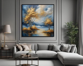 Blue Forest Framed Canvas Painting - Contemporary Blue and Gold Artwork, Fog Forest Wall Art