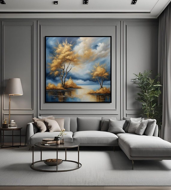 Blue Forest Framed Canvas Painting - Contemporary Blue and Gold Artwork, Fog Forest Wall Art