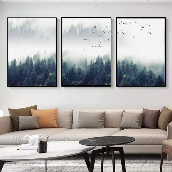 Framed Canvas Wall Art 3-Pack Sage Green Forest Mountain Nature Landscape Prints Minimalist Modern Art, Home Gift, Wedding Gift