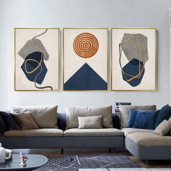 Framed Canvas Beige Navy Blue Wall Art Set of 3 Minimalist Geometric Art Prints Minimalist Modern Art Decor, Living Room