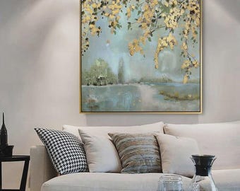 Textured Handmade Oil Paint Art Gold Leaf Tree 90x90cm Wall Art View Painting, Blue Tones Modern Home decor, Living Room, Canvas Art