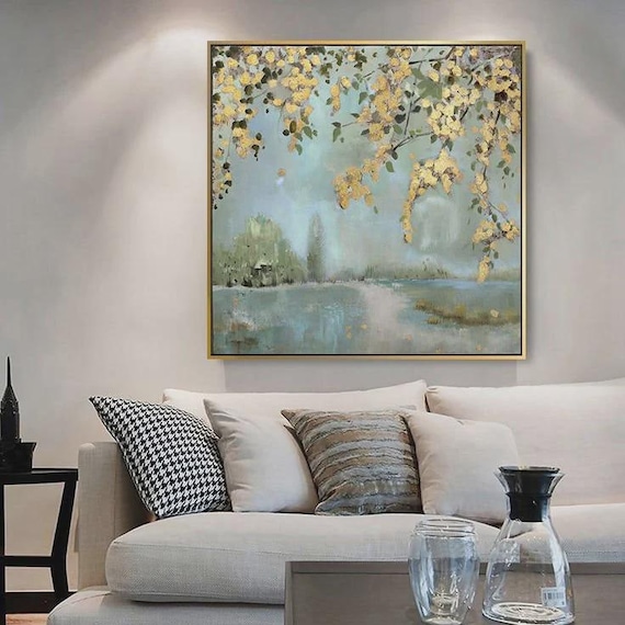 Textured Handmade Oil Paint Art Gold Leaf Tree 90x90cm Wall Art View Painting, Blue Tones Modern Home decor, Living Room, Canvas Art
