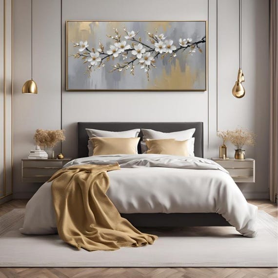 Textured Handmade Oil Paint Art White Flower with Golden Leaves 70x120cm Wall Art Painting, Home decor, Luxury decor,Living Room, Canvas Art