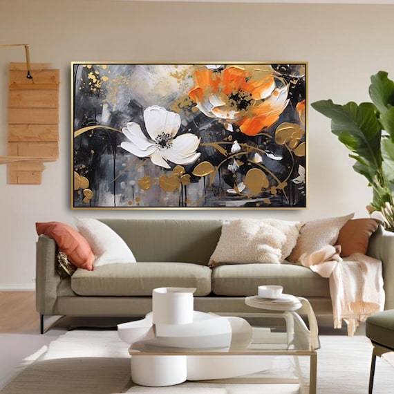 Textured Handmade Oil Paint Art Abstract Flowers With Gold Details White and Orange, 70x100cm Wall Art,Home decor, Luxury decor, living room