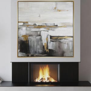Textured Handmade Oil Paint Art Abstract Details 90x90cm Wall Art Gold and White Painting,Living Room wall art Modern Home decor, Canvas Art