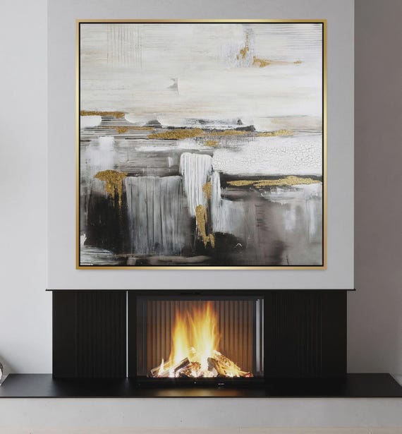 Textured Handmade Oil Paint Art Abstract Details 90x90cm Wall Art Gold and White Painting,Living Room wall art Modern Home decor, Canvas Art
