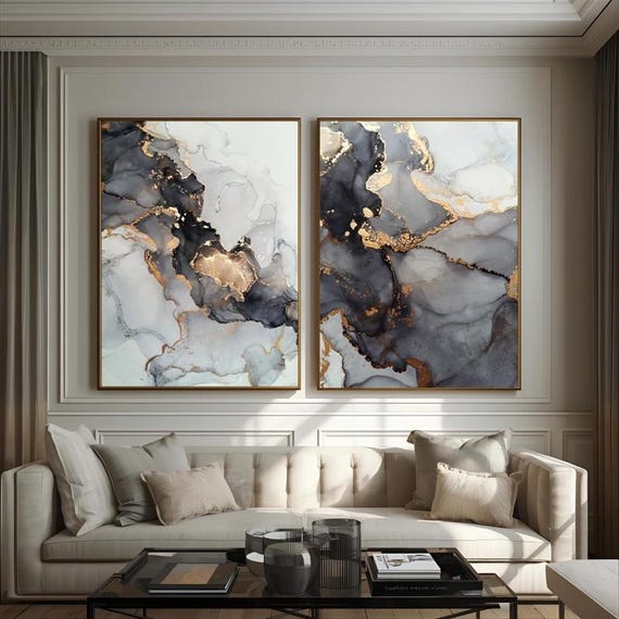 Set of 2 Canvas, Abstract Marble Canvas, Gray and Gold Wall Art Poster Print,Nordic Scandinavian Ready To Hang