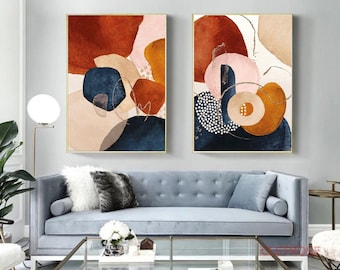 Abstract Wall Art, Framed Canvas Painting, Orange Wall Art, Navy Blue Terracotta Gold Set of 2 Print, Geometric Print Set