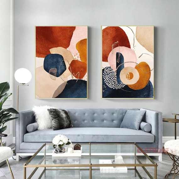 Abstract Wall Art, Framed Canvas Painting, Orange Wall Art, Navy Blue Terracotta Gold Set of 2 Print, Geometric Print Set