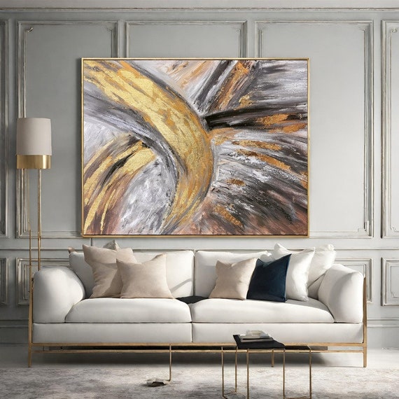Gold Brown Framed Canvas Painting - Abstract Paint Artwork, Wall Art Living Room Decor