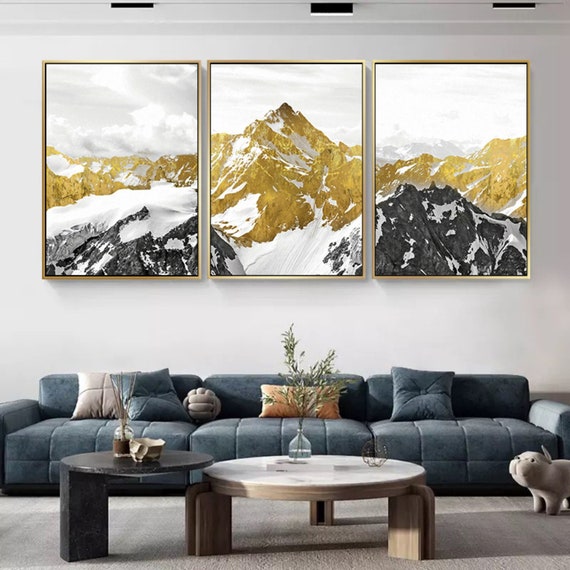 Framed Canvas Wall Art Set of 3 Sage Gold Forest Mountain Nature Landscape Prints Minimalist Modern Art Woodland Nursery Decor