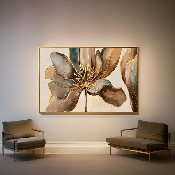 Eart Tones Floral Canvas Print Brown and Cream Tones Flower Wall Art Large Canvas Art Ready to Hang Canvas