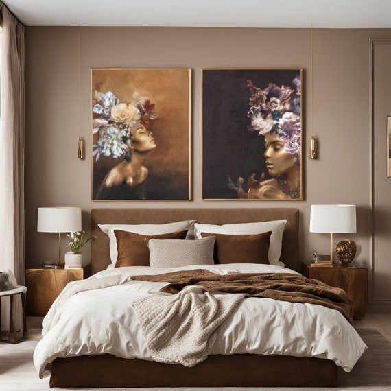 Set of 2 Canvas, Floral Gold Women Canvas Wall Art Poster Print,Nordic Scandinavian Ready To Hang