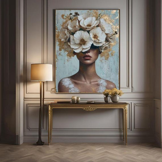 Textured Handmade Oil Paint Art Woman with Flowers with Gold Detailed Foil 70x100cm Wall Art, Home decor, Luxury decor, living room
